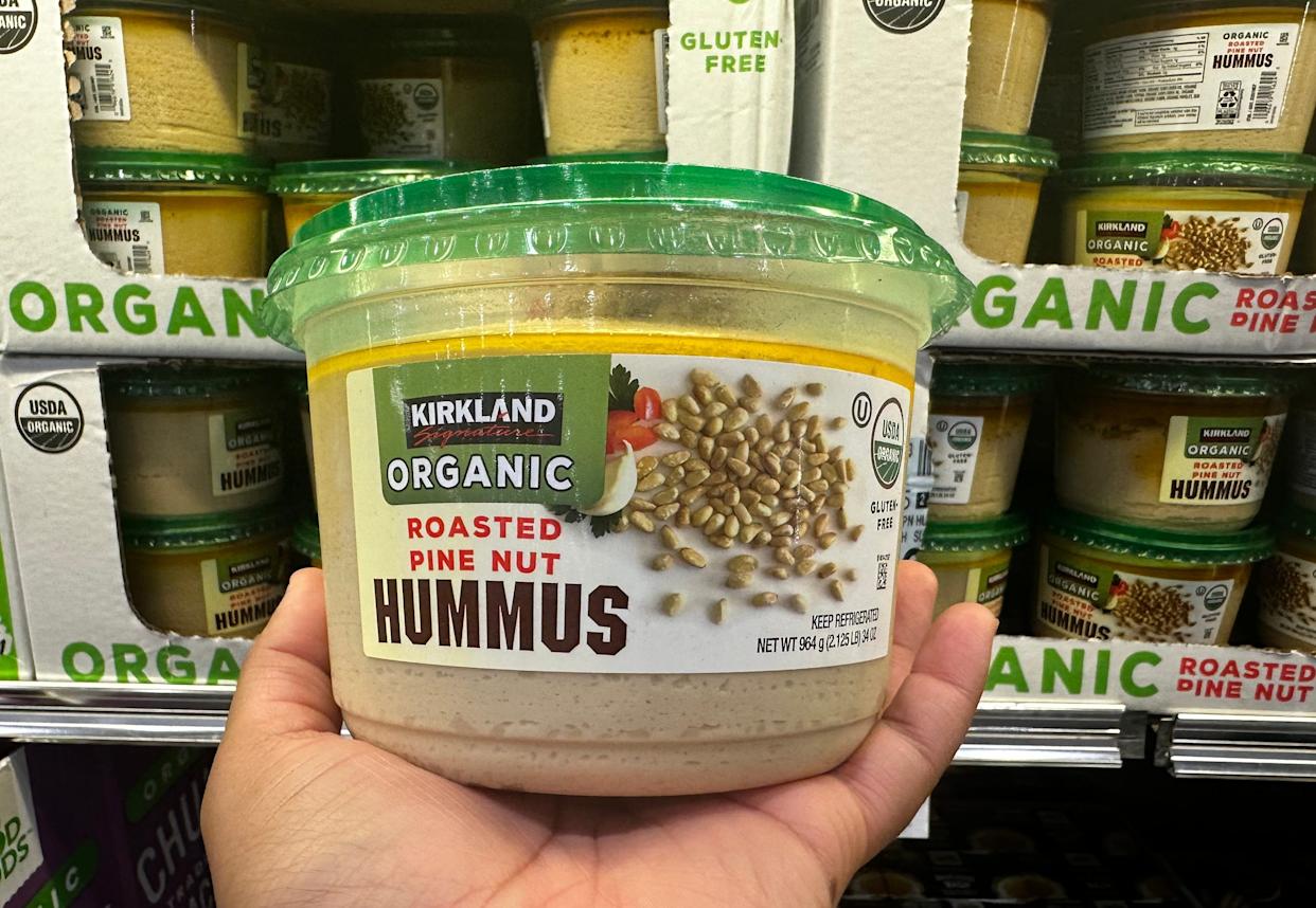 Tub of organic Kirkland Signature roasted pine nut hummus at Costco