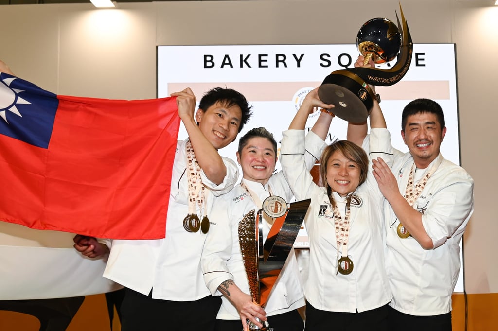 The team of Taiwanese bakers, led by Giovanna Chen Shih-chieh (second from right), celebrate after winning the 2025 Panettone World Championship in Milan, Italy, in October 2025. Photo: courtesy of Giovanna Chen