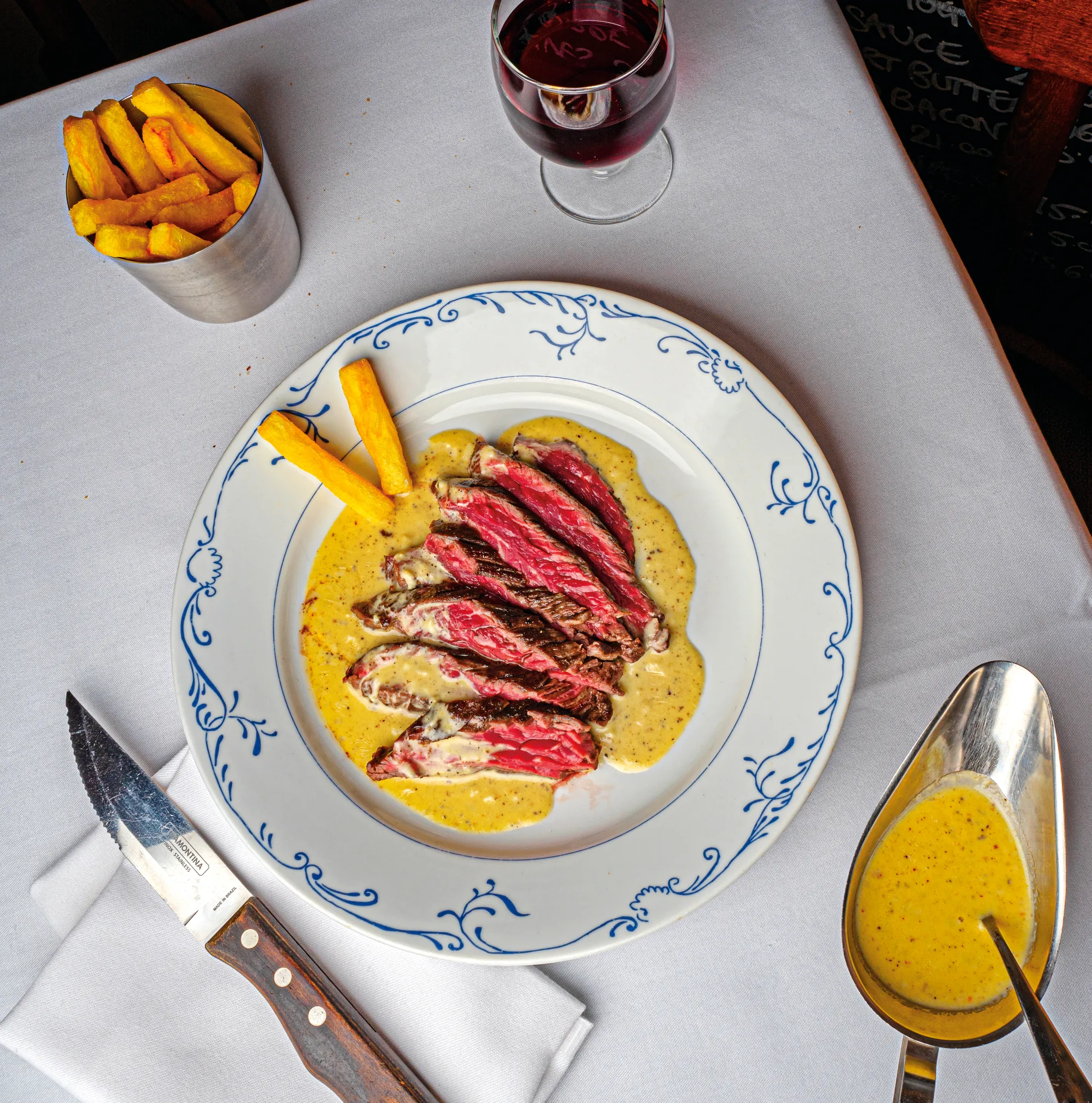 Bouchon Racine's Bavette with Saint Marcellin sauce.