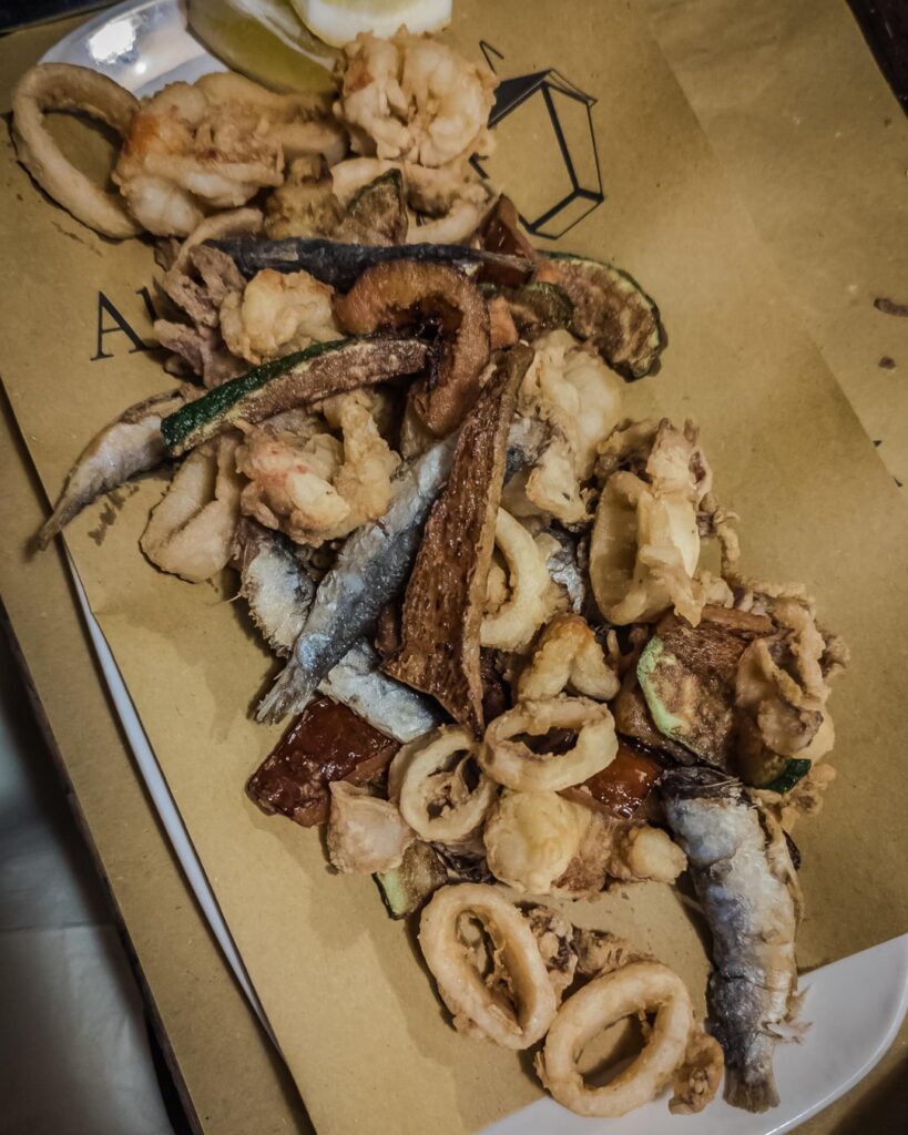 Day 5 in Venice. Frittura di pesce (deep fried seafood), octopus, Cynar spritz, and more fried food
