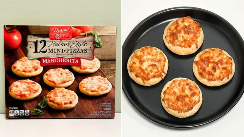 A box of Mama Cozzi's Italian Style Mini Margherita Pizzas next to a black plate of mini pizzas