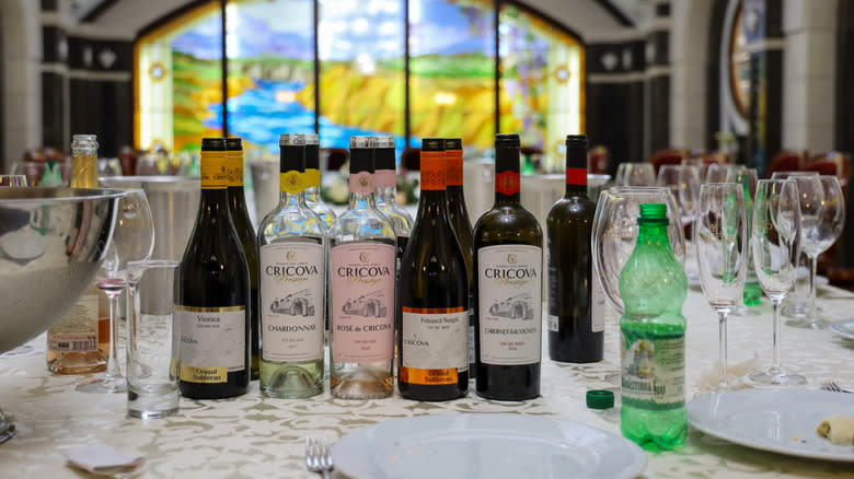 Selection of local wine bottles labelled with Cricova winery blazon