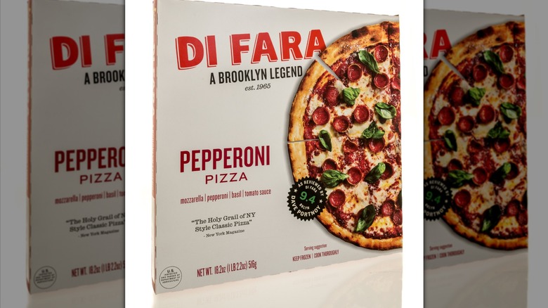 A box of Di Fara frozen pizza, mirrored