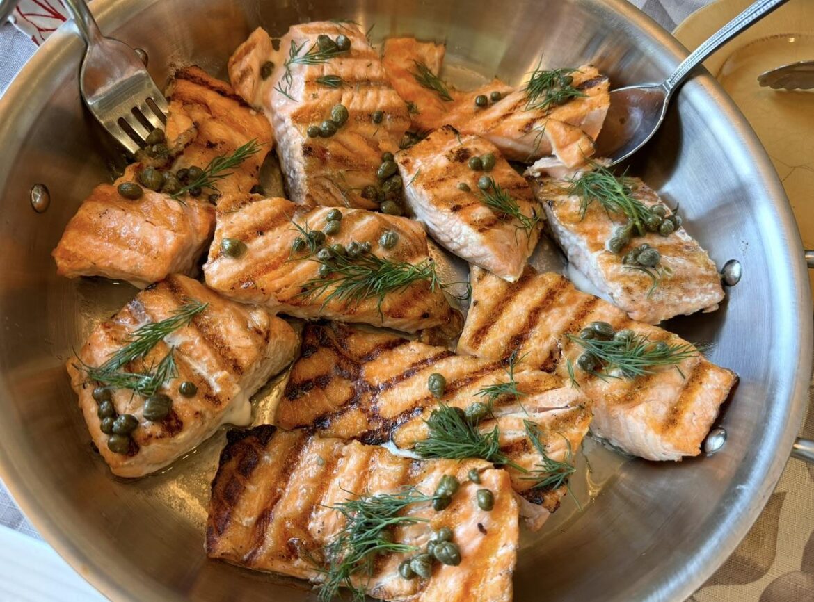 Grilled salmon with lemon dill sauce. Simple, fresh, and hits the spot.