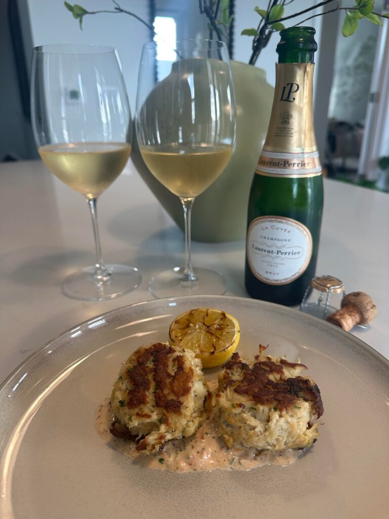 5-year Anniversary Dinner at home: Crab cakes & Champagne; Ribeye Au Poivre with Potatoes Dauphinoise and 2015 Brunello