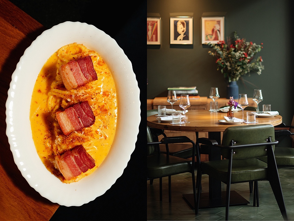Bigoli carbonara, rich with smoked pork belly and pecorino. © Nick Hargun/Margo, Anuwat Senivansa Na Ayudhya/MICHELIN Guide