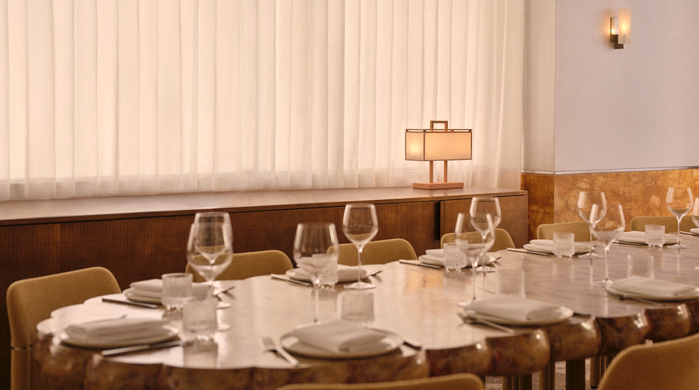 Interior dining setup in a restaurant.