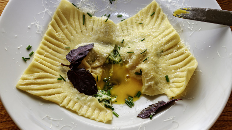 Cut egg yolk ravioli