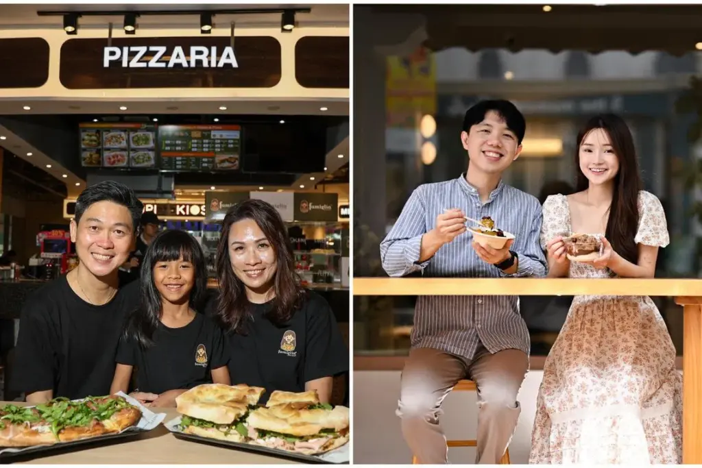 Mr Yap Hong Eng, his wife Betty and their daughter Skylar at their Famiglia Panizza foodcourt outlet (left), and married couple Andy Toh and Cheree Chew at their cafe, Oatsome.