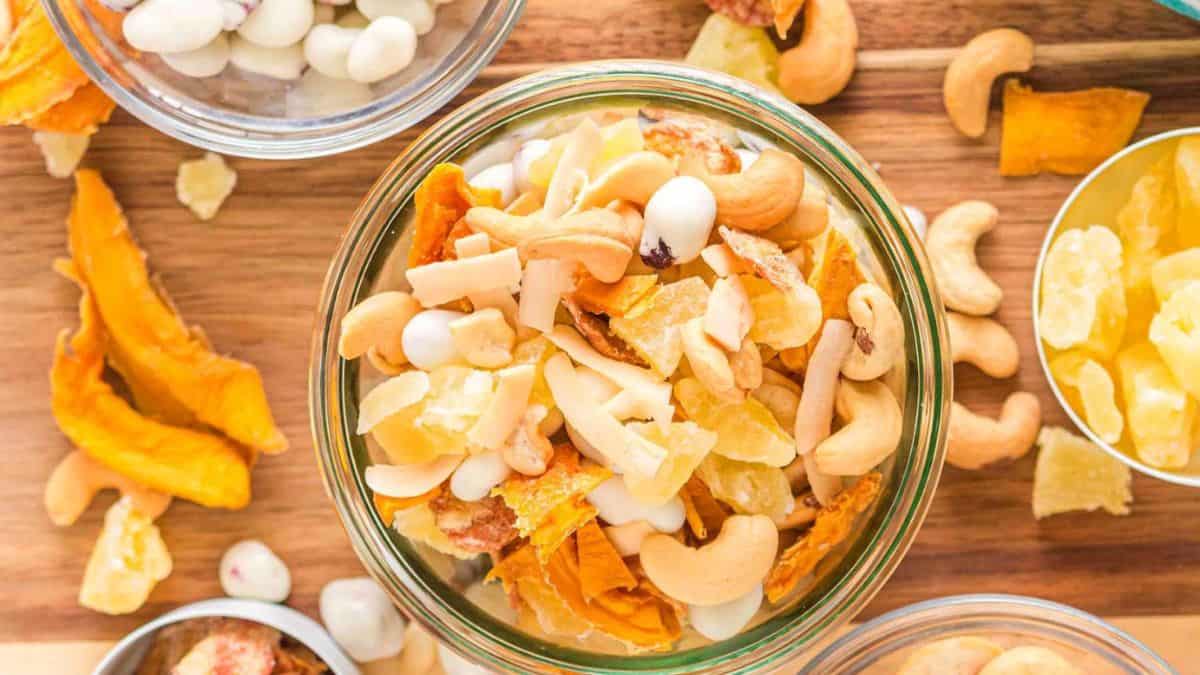Tropical Trail Mix served in a bowl. 