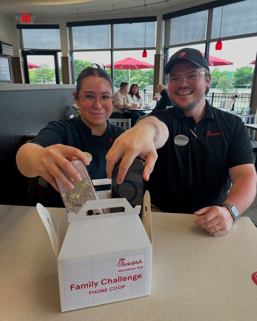 Since mid-January, more than 10,000 “cell phone coops” have been made, and nearly 200 independent Chick-fil-A operators have co-opted the cell phone coop for their restaurants. Instagram/Chick-fil-A Manhattan, KS