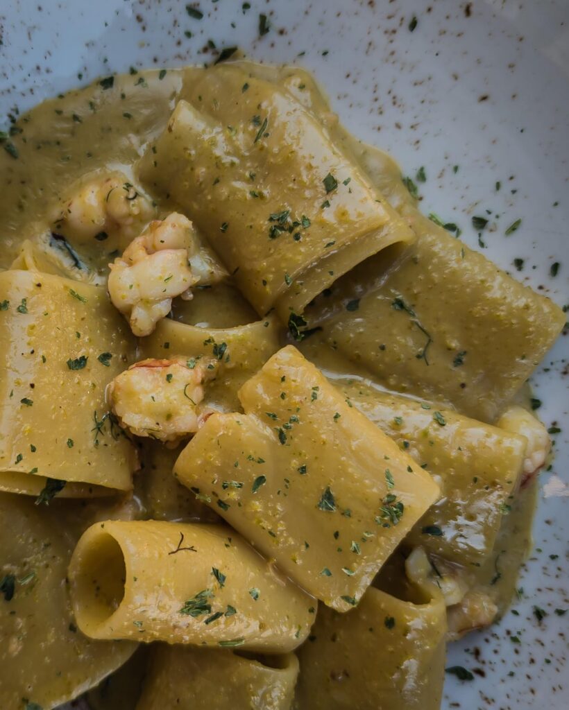 Day 6 and 7 in Venice. Paccheri with prawns and pistachio pesto, 2x tiramisù, sgroppino, gnocchi with clams, ravioli with
langoustines, salted cod with artichokes, and 2x aperitifs