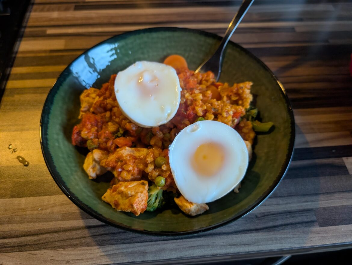 Tried my new microwave egg poacher; first attempt was ok.