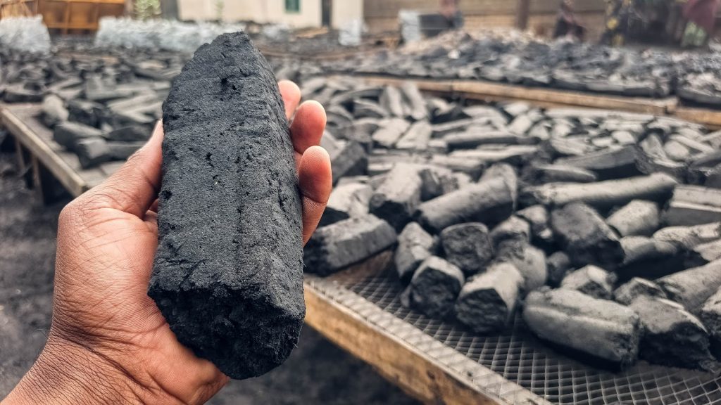 Hand holding a large charcoal briquette with more briquettes on a table in the background.