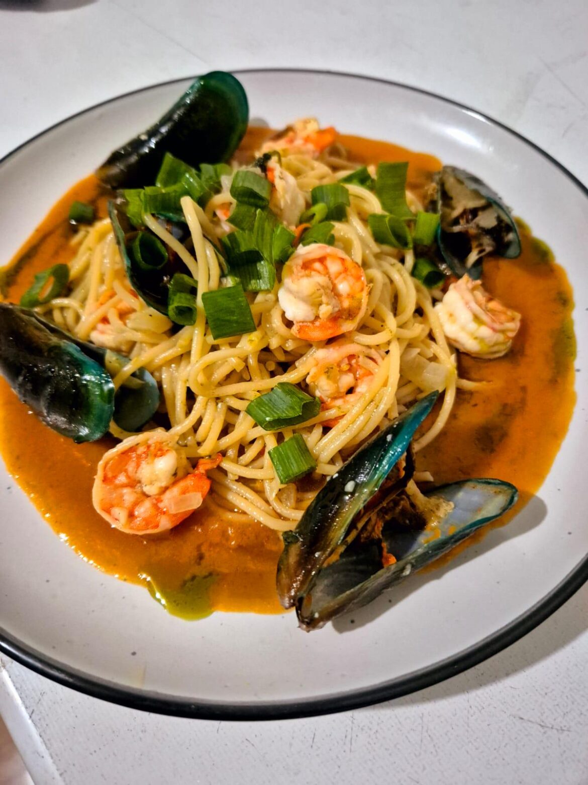Seafood Pasta on Prawn bisque