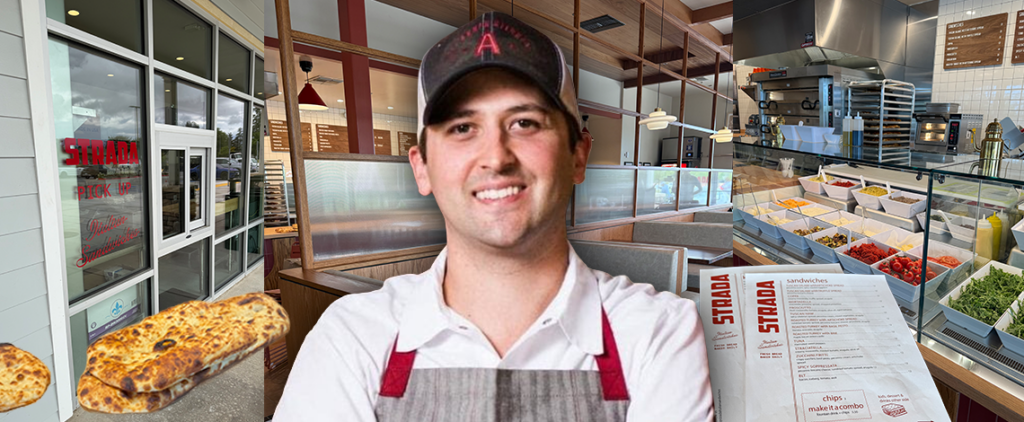 chef behind a restaurant collage.