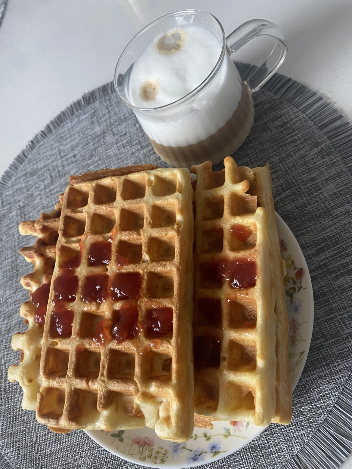Waffles with jam and coffee