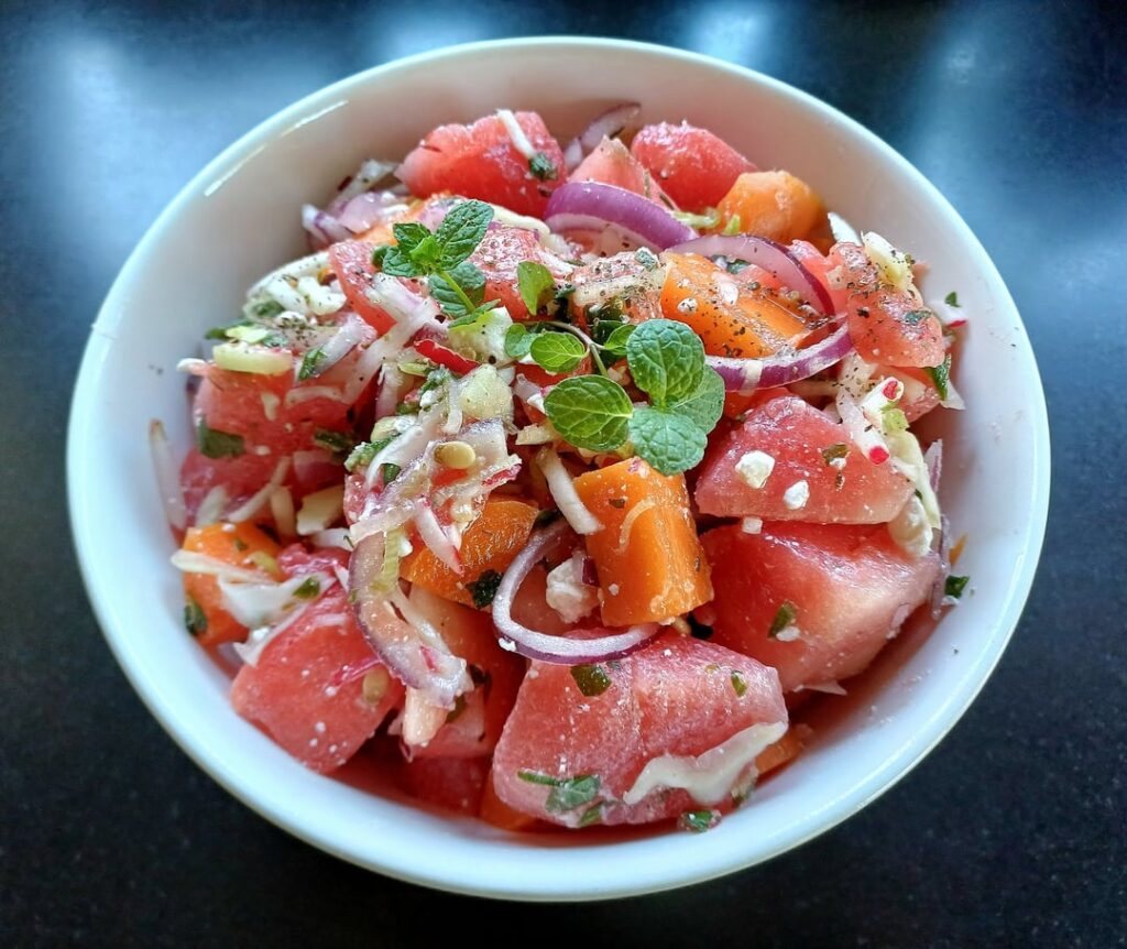 Massive watermelon salad with raw radish mix & marinated soft thyme carrots!!