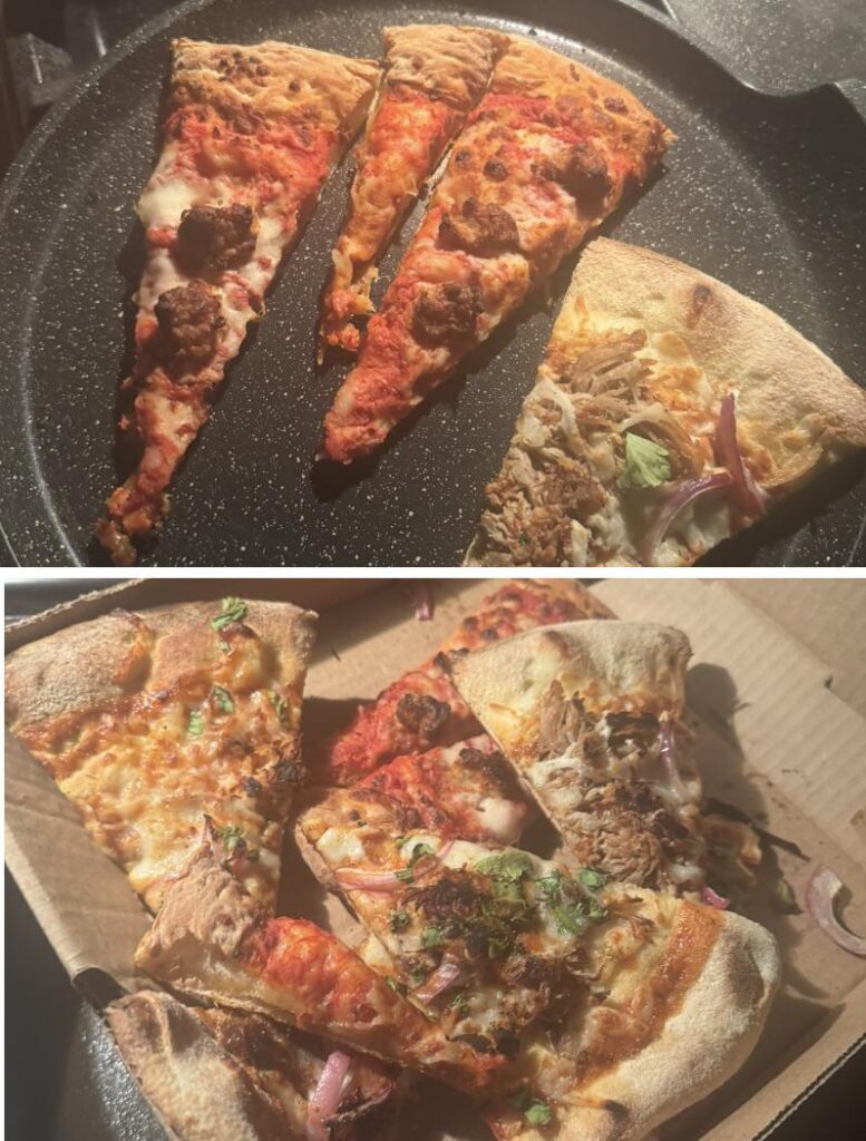 Reheated pizza on the stove.