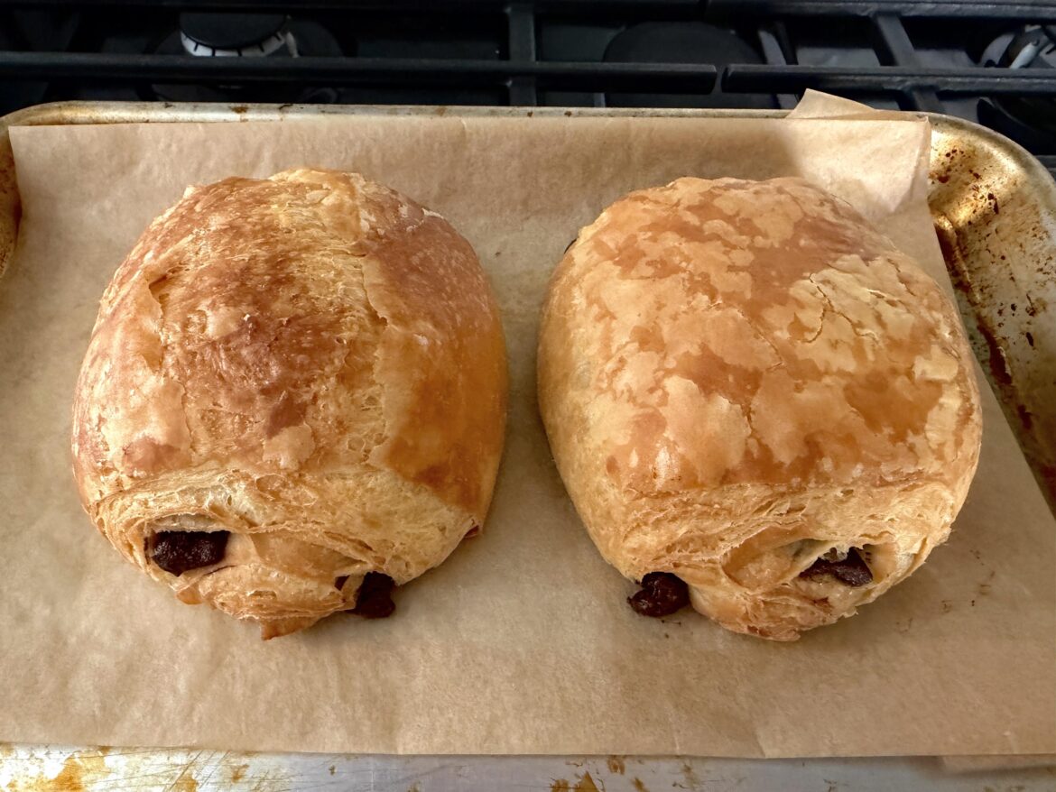 Freshly baked chocolate croissants