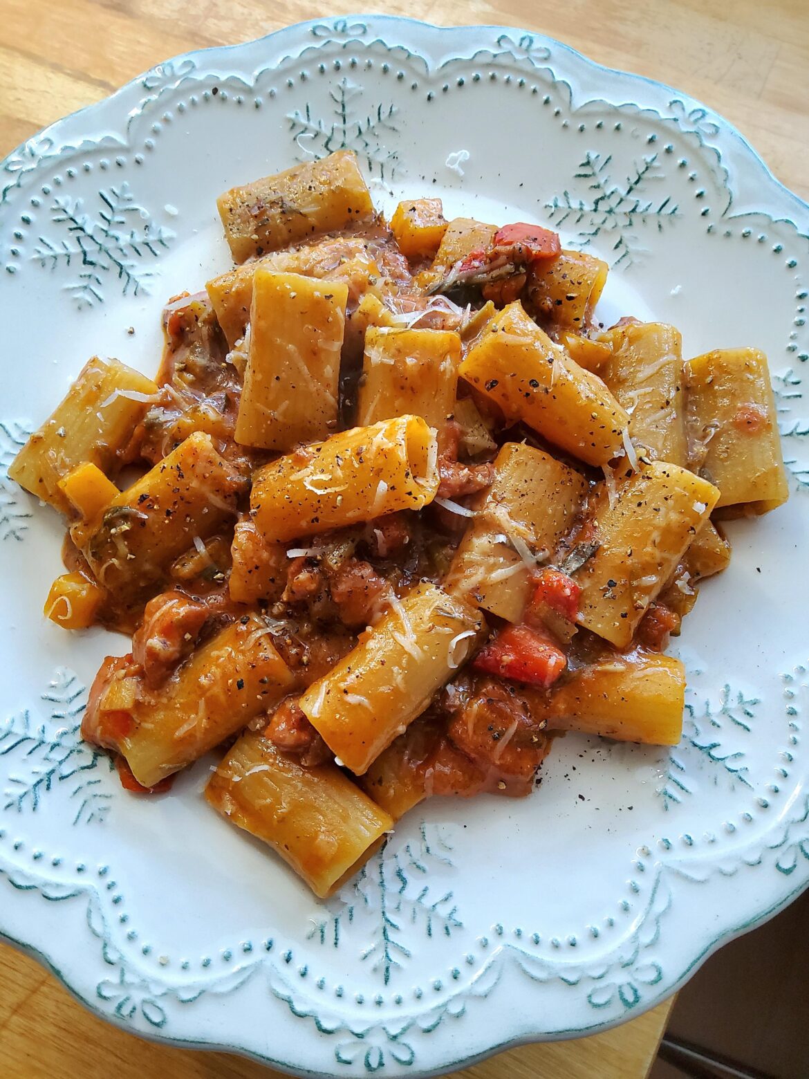 Rigatoni in a salsiccia, pancetta and vegetable ragù