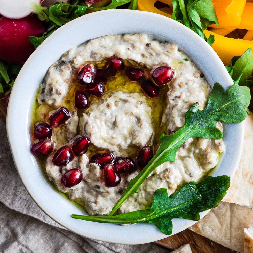 baba ganoush with pomegranate seeds