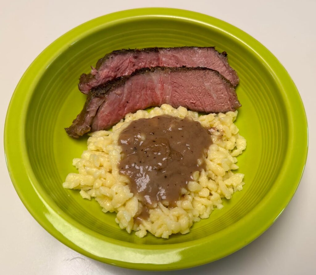 Sous vide Sir Charles roast with Spaetzle and pan gravy