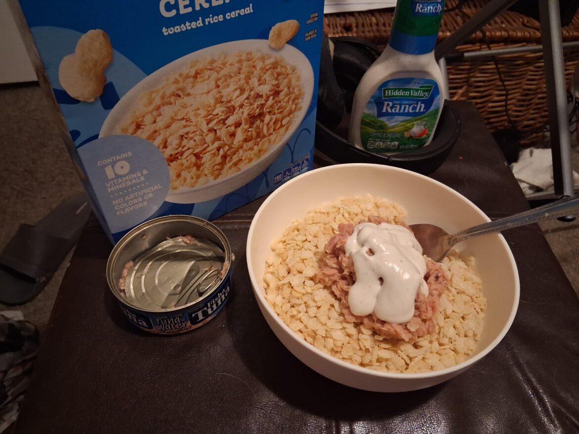 Generic Rice Krispies, tuna, and ranch dressing 😋