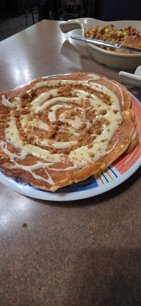 Cinnamon Roll Pancake 🥞, plain pancake, & Cheese, Ham, Bacon Skillet