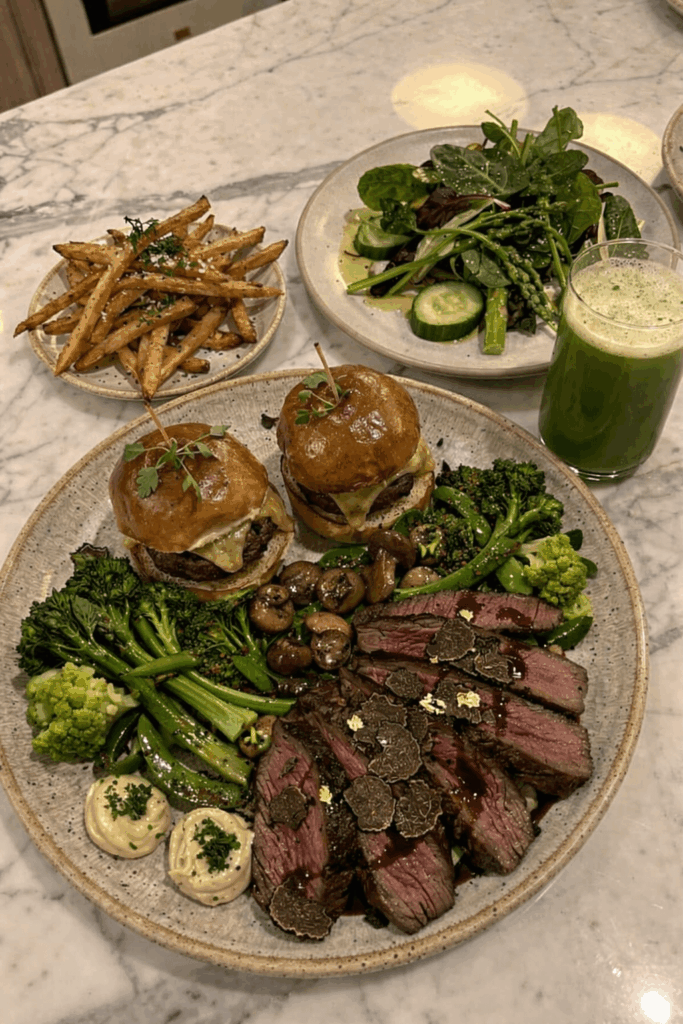 Haven't cooked in a while so here is my attempt tonight after a long time. Steak, sliders, and fries for my BF. The salad and green juice for me.