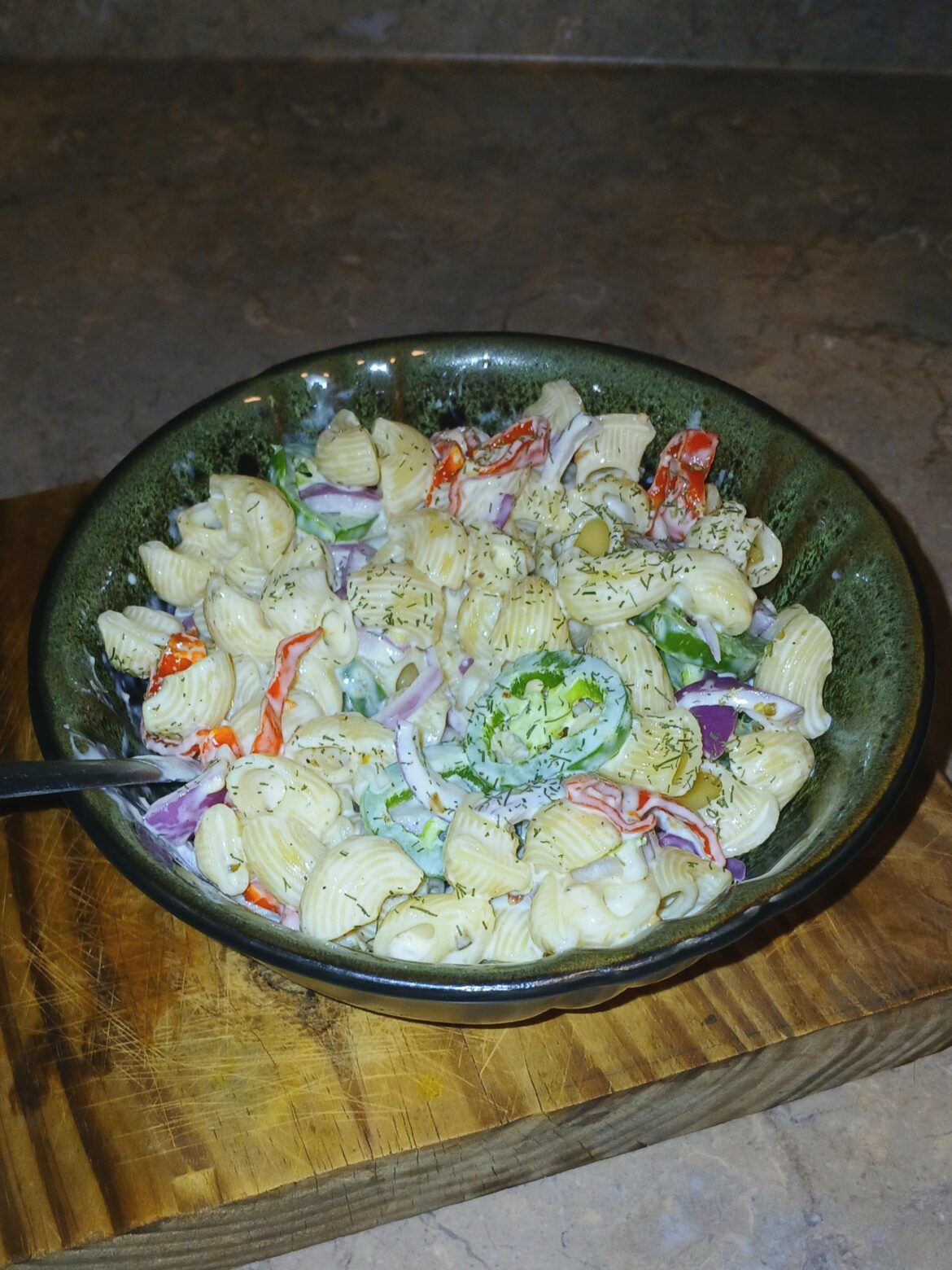 Proper Macaroni: Caribbean red habanero, red onion, dill, and jalapeño for color.