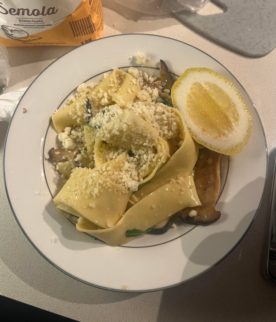 fresh pappardelle, sage butter and lemon sauce with king oyster mushrooms