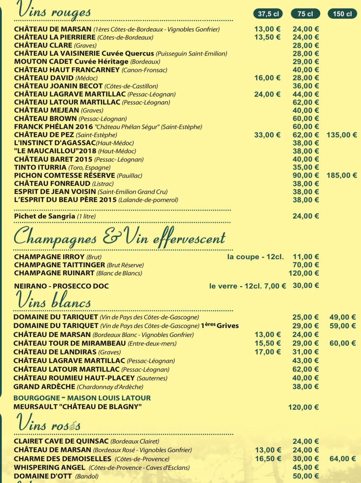 Wine list in France, value for money