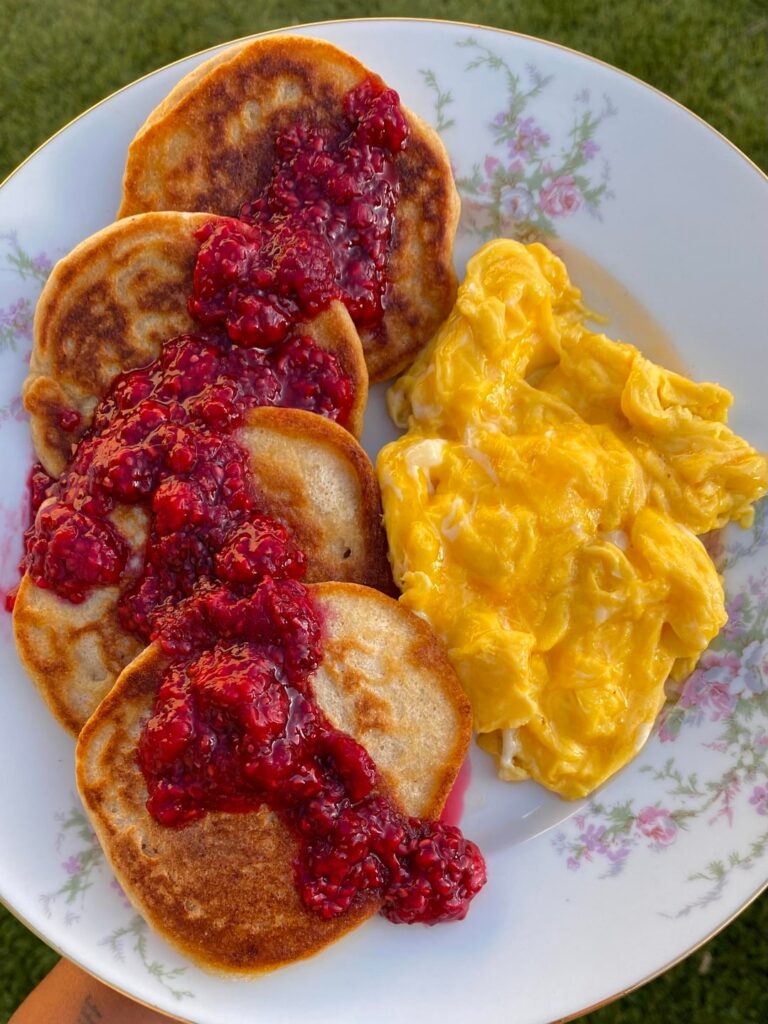 Protein pancakes, raspberry compote, scrambled eggs