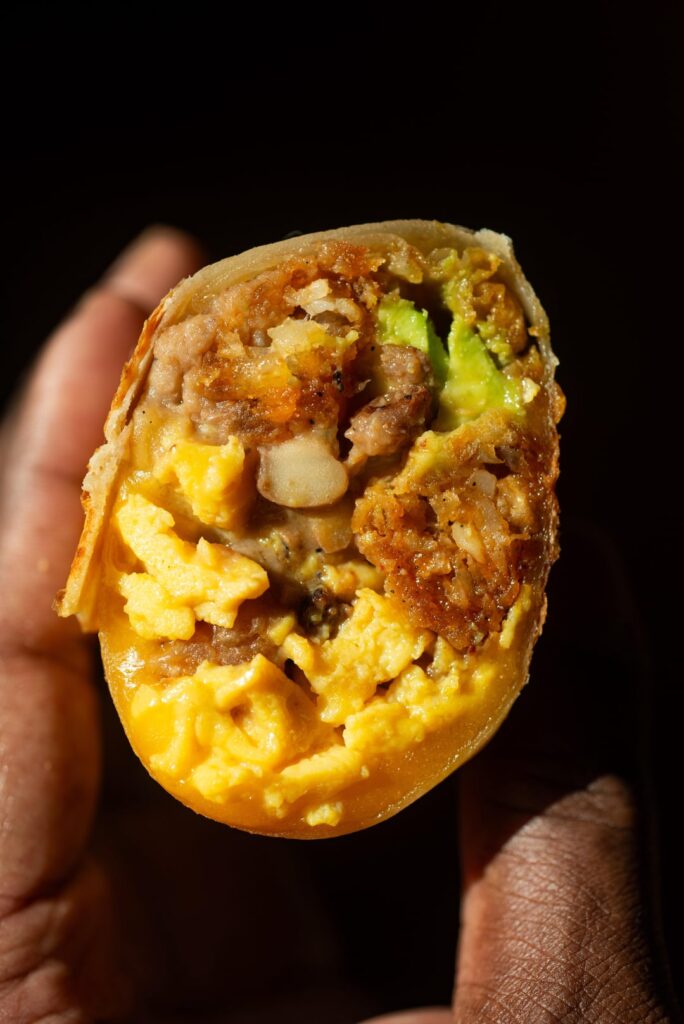 Steak, eggs, avocado, beans hash brown and cheddar burrito at Wake and Late in LA!