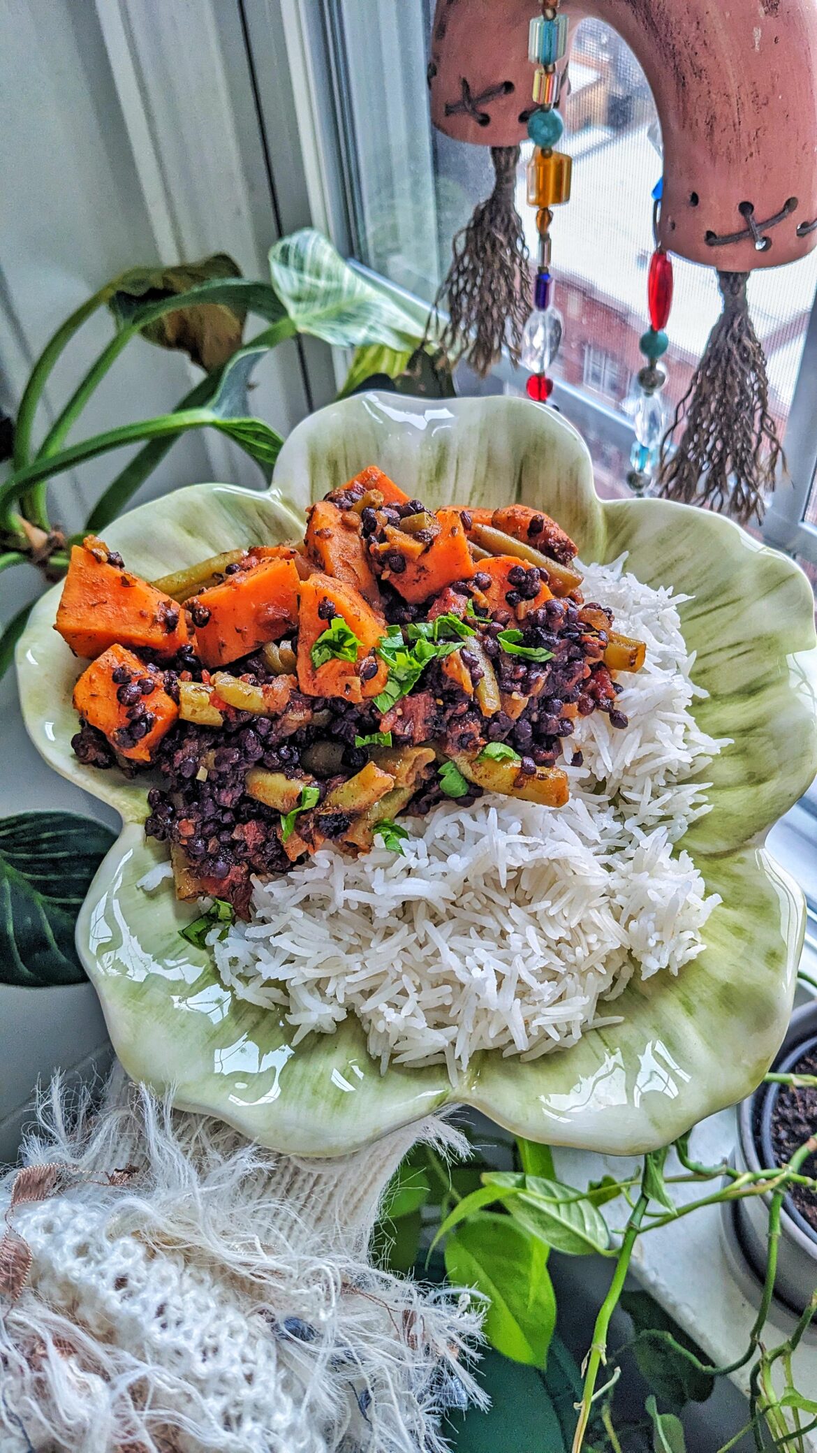 Sweet potato, black lentils, and green beans on rice 🌿