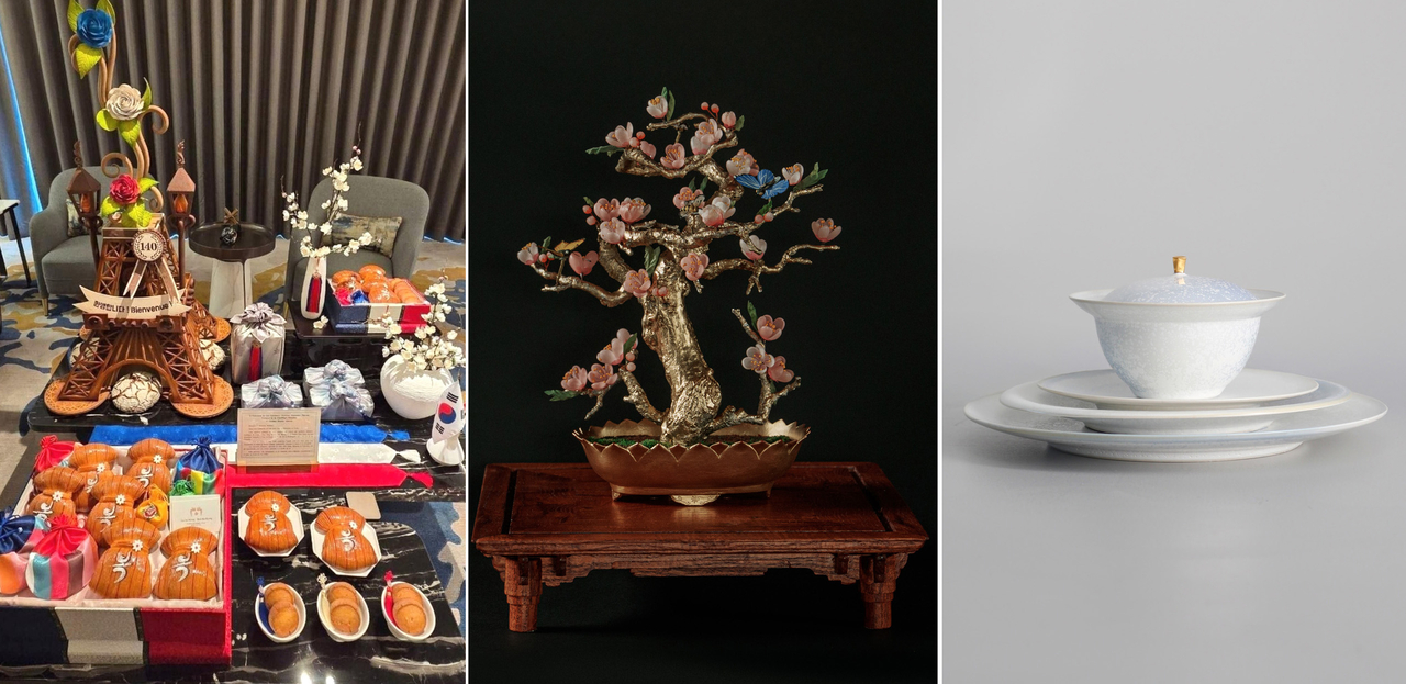 Gift items prepared for French President Emmanuel Macron’s state visit to South Korea are displayed, including baked creations by Korea’s national baking team (left), a reinterpretation of a historical “banhwa” (center), and a set of Korean porcelain tableware (right). (Cheong Wa Dae via Yonhap)