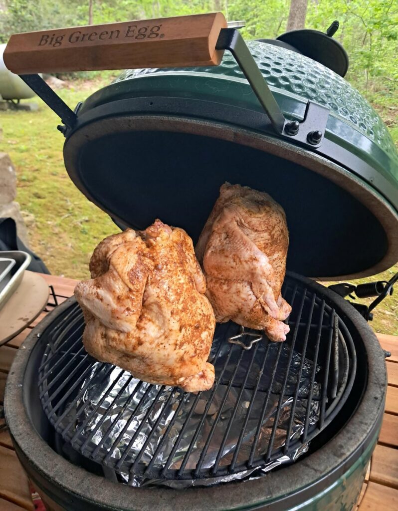 Smoked a couple of 10lb chickens, beer can style.