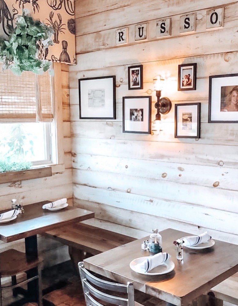 The bright, rustic dining room at Russo's in Ship Bottom, Long Beach Island