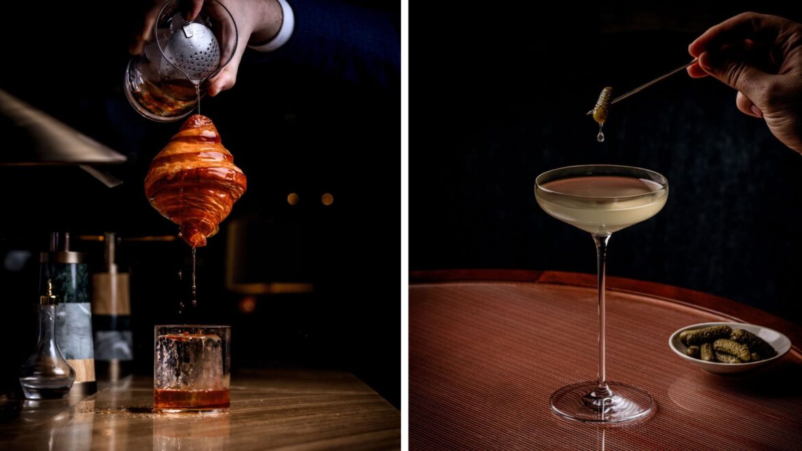 an image of the croissant cocktail and the cornichon cocktail side by side