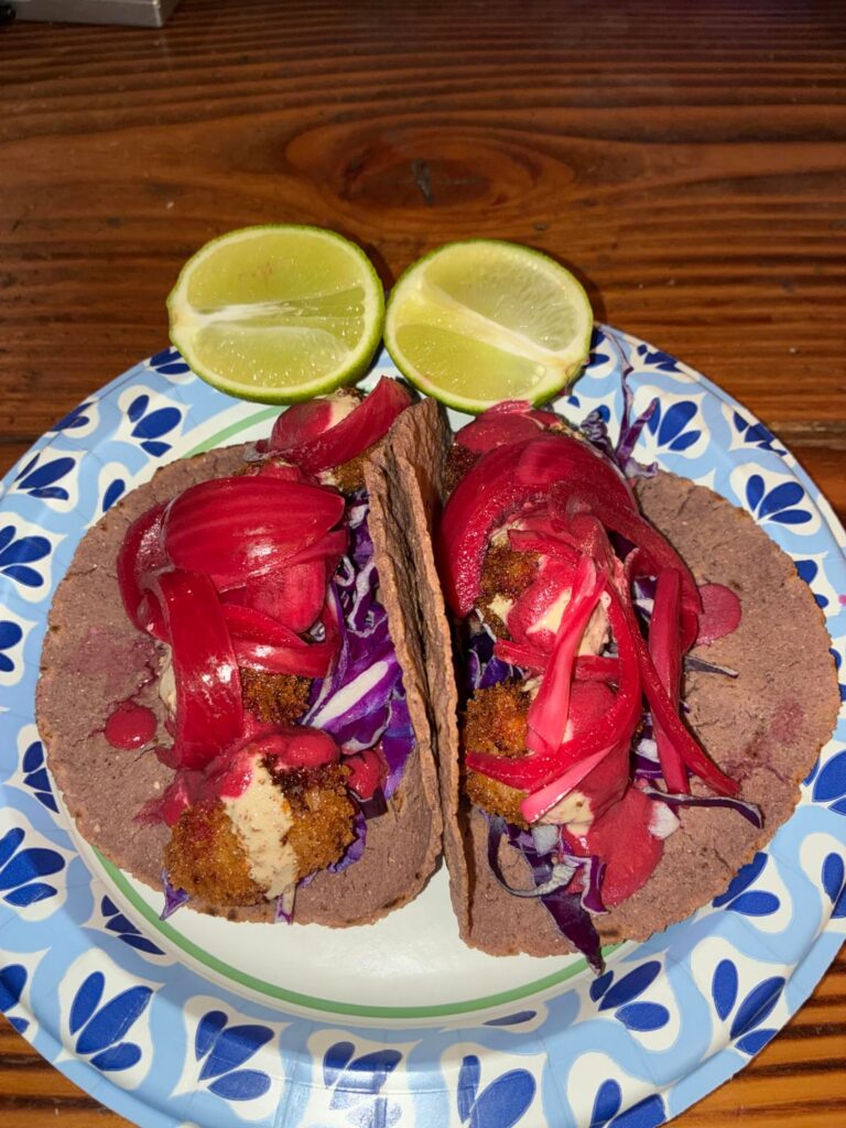 Fried scallop pink tacos