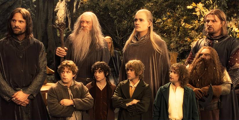 Aragorn, Gandalf, Legolas, Boromir, Samwise, Frodo, Gimli, Merry, and Pippin forming The Fellowship in The Lord of the Rings: The Fellowship of the Ring