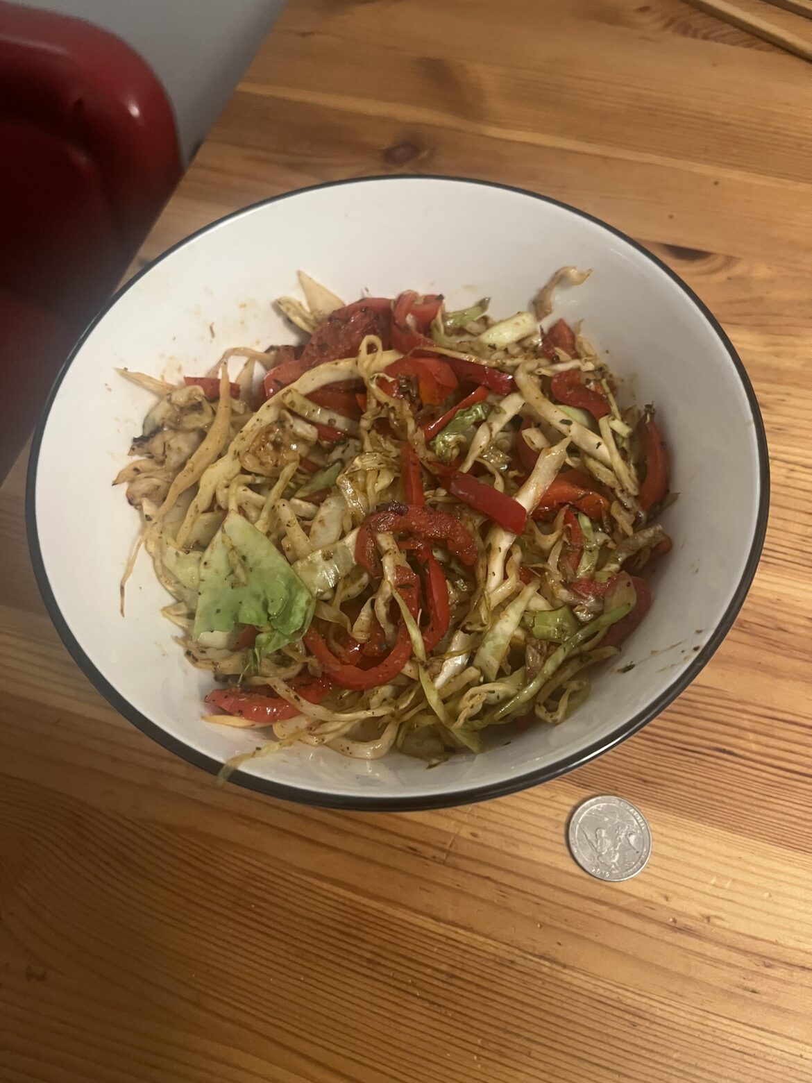 My favorite snack: Stir-fried shredded cabbage with sliced red pepper, spices, and 1tbsp butter. 200kC