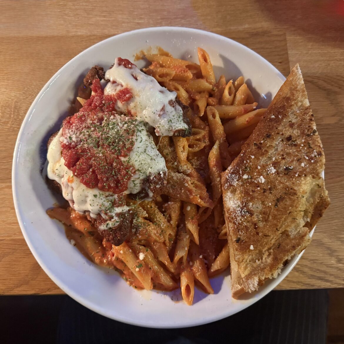 chicken parm with penne vodka and garlic bread