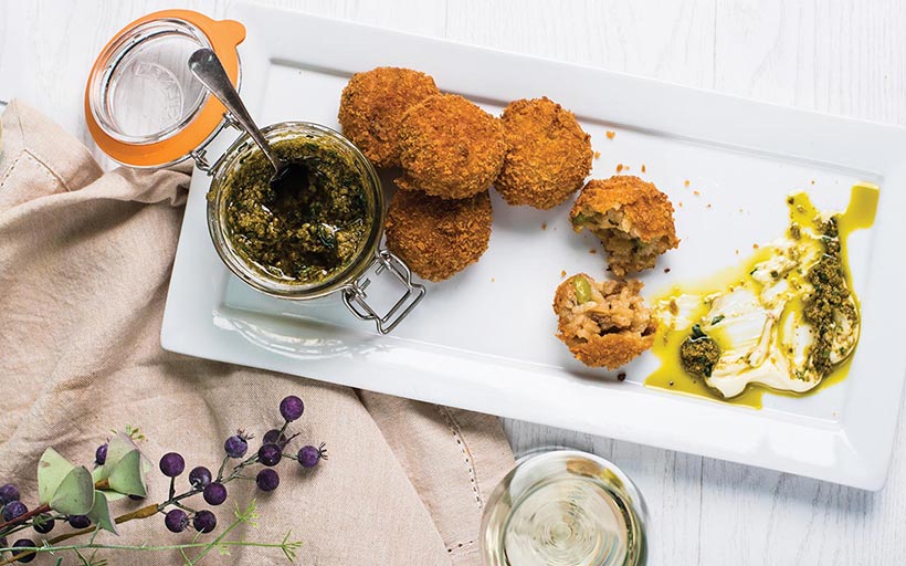 Vegan Arancini with Broad Beans, Peas and Coconut ‘Bacon’