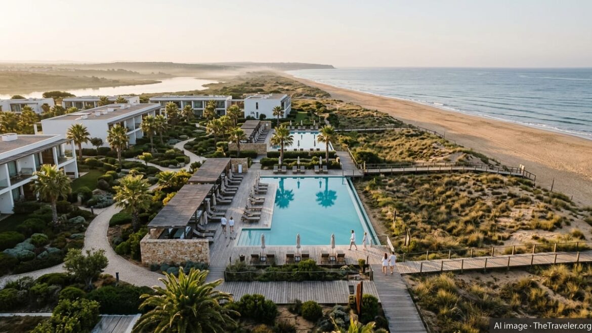 A contemporary Algarve beach resort with pools and palm gardens facing the wide sands of Salgados Beach at sunrise.