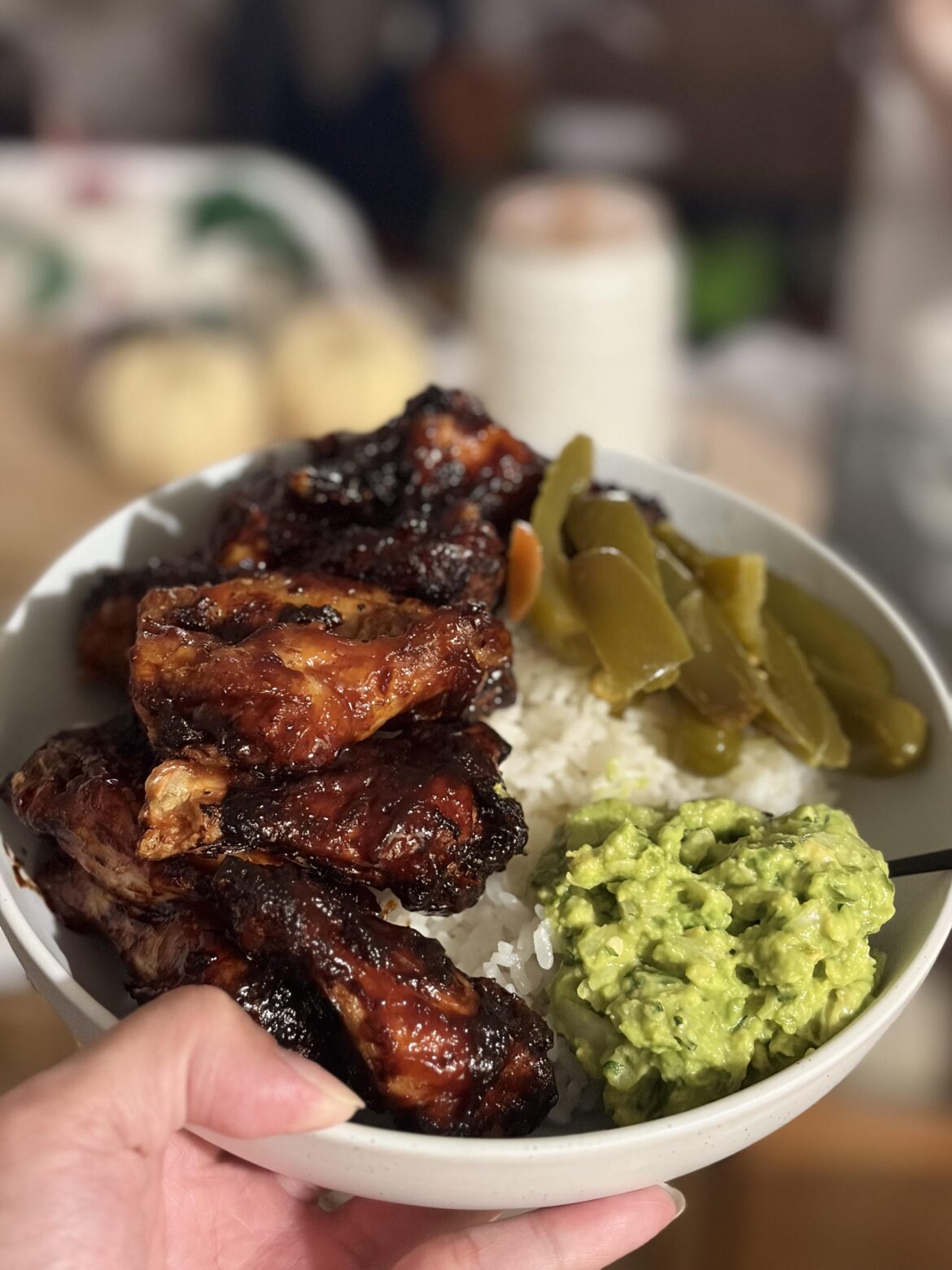 Black cherry bbq chicken, guacamole, jalapeño, and white rice