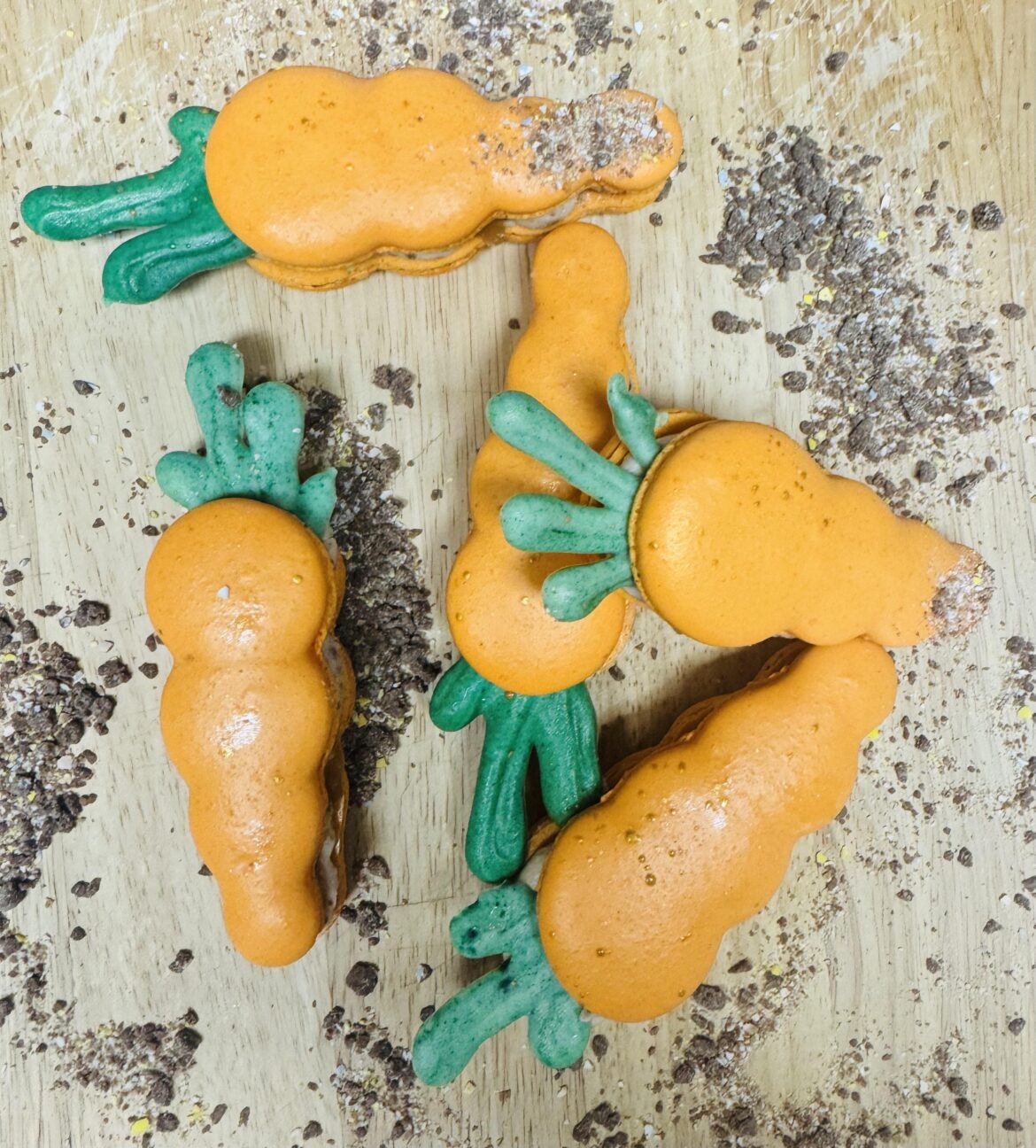 Carrot macarons for Easter - mini eggs buttercream and caramel filling.