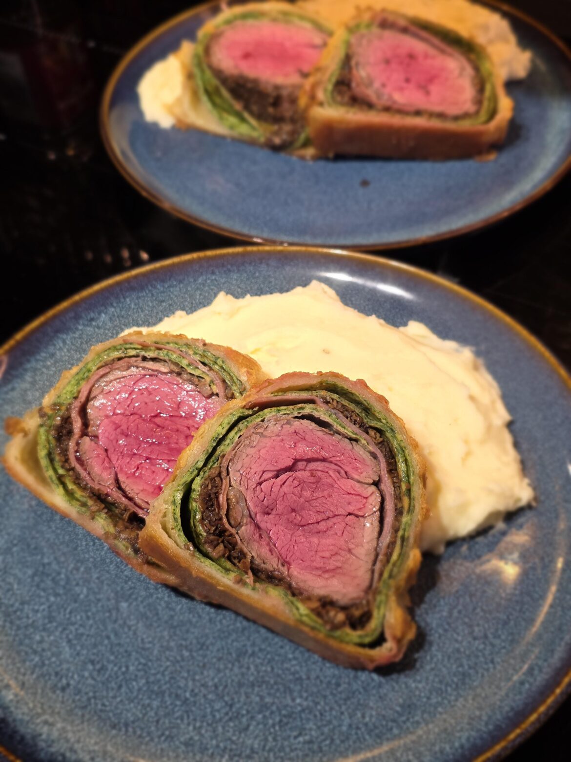 Beef Wellington with garlic & parmesan mash