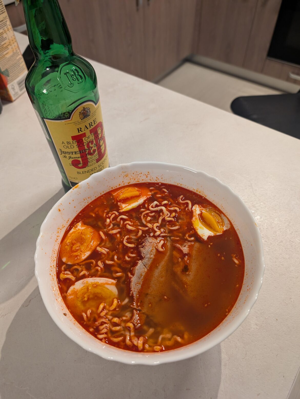 Spicy instant ramen with grandma's roast pork leftovers